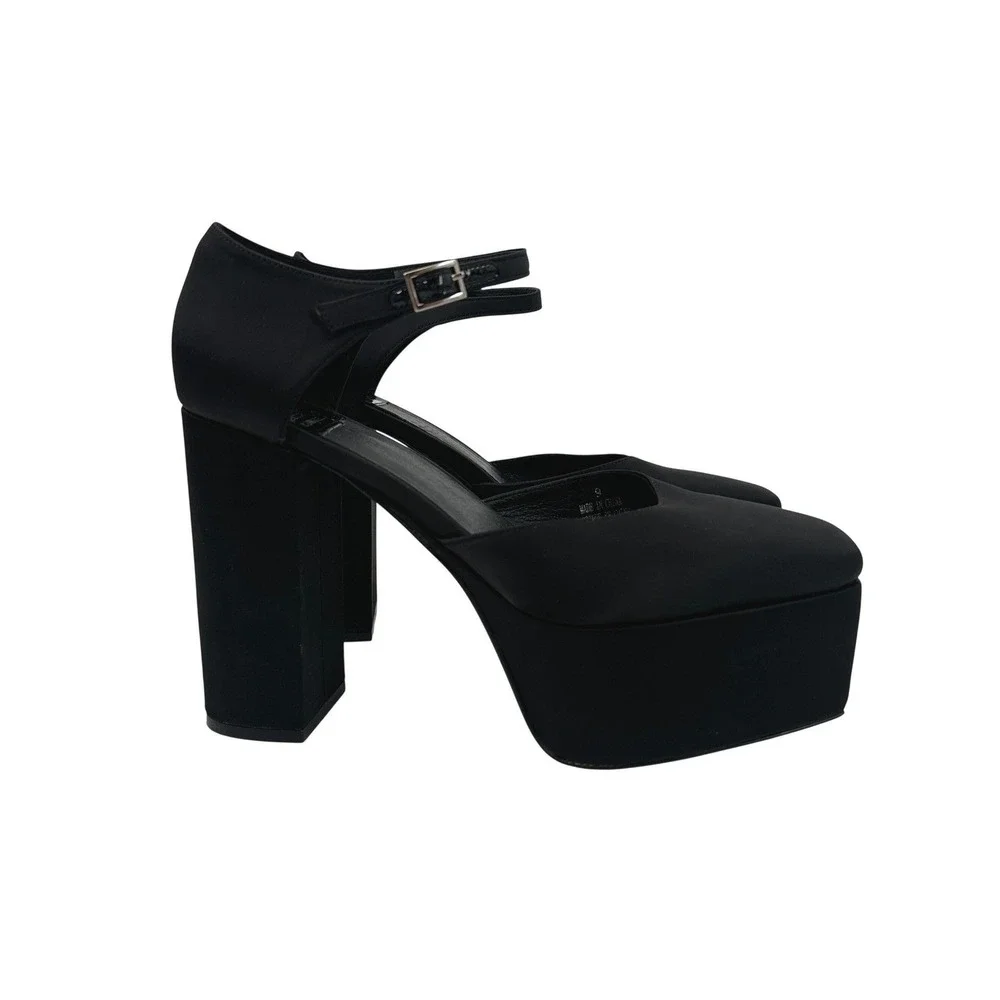 Jeffrey Campbell Over‎ N Out Black Satin Mary Jane Platform Heels Square Toe 9